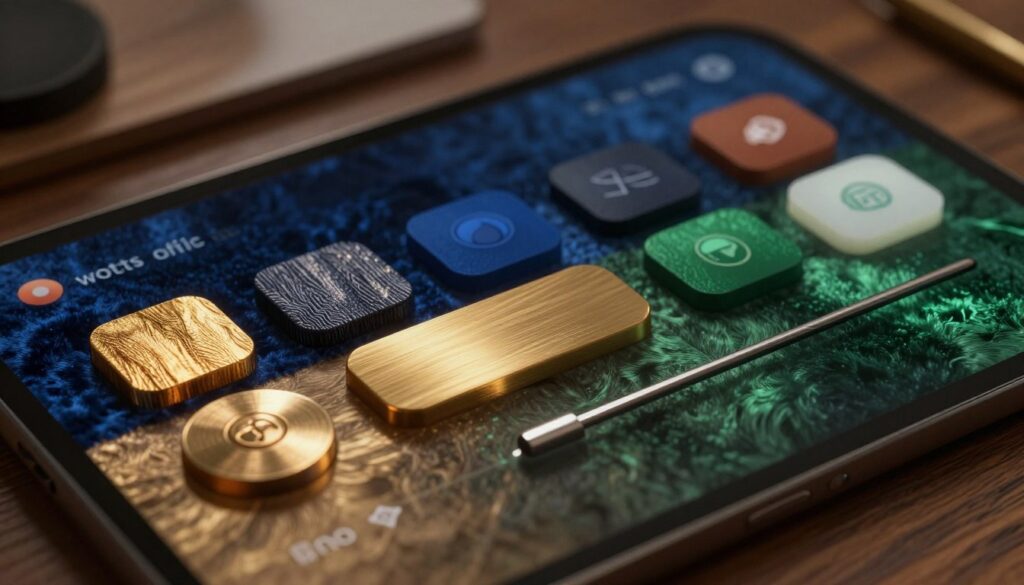 A close-up view of a richly textured digital interface embodying tactile maximalism, featuring layers of luxurious materials like velvet, brushed metal, and polished wood. The foreground displays a collection of core design elements: vibrant buttons with varying textures, smooth sliders that shimmer under soft ambient lighting, and intricate icons that pop under a subtle backlight. In the middle ground, a rich color palette of deep blues, warm golds, and lush greens creates a visually striking contrast. The background should suggest a softly blurred workspace, enhancing an inviting and sophisticated atmosphere. Use soft-focus effects to highlight depth, shot from a slightly elevated angle to emphasize the richness of the materials. The overall mood is one of modern elegance, inviting touch and exploration. A close-up view of a richly textured digital interface embodying tactile maximalism, featuring layers of luxurious materials like velvet, brushed metal, and polished wood. The foreground displays a collection of core design elements: vibrant buttons with varying textures, smooth sliders that shimmer under soft ambient lighting, and intricate icons that pop under a subtle backlight. In the middle ground, a rich color palette of deep blues, warm golds, and lush greens creates a visually striking contrast. The background should suggest a softly blurred workspace, enhancing an inviting and sophisticated atmosphere. Use soft-focus effects to highlight depth, shot from a slightly elevated angle to emphasize the richness of the materials. The overall mood is one of modern elegance, inviting touch and exploration.