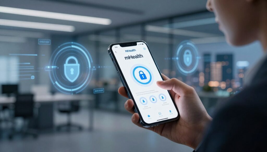 A close-up view of a smartphone displaying a modern mHealth app interface, showcasing advanced security features like biometric authentication and encryption icons. In the foreground, a professional individual dressed in business attire interacts with the app, their focused expression conveying trust and confidence. The middle ground reveals a sleek, futuristic office environment with abstract holographic security symbols and data streams representing encryption and user privacy. The background features a digital cityscape with soft lighting, suggesting a high-tech ambiance. The overall mood is secure and innovative, emphasizing the importance of frictionless authentication in mobile technology, captured with a wide-angle lens and dramatic lighting to highlight the app's interface. A close-up view of a smartphone displaying a modern mHealth app interface, showcasing advanced security features like biometric authentication and encryption icons. In the foreground, a professional individual dressed in business attire interacts with the app, their focused expression conveying trust and confidence. The middle ground reveals a sleek, futuristic office environment with abstract holographic security symbols and data streams representing encryption and user privacy. The background features a digital cityscape with soft lighting, suggesting a high-tech ambiance. The overall mood is secure and innovative, emphasizing the importance of frictionless authentication in mobile technology, captured with a wide-angle lens and dramatic lighting to highlight the app's interface.