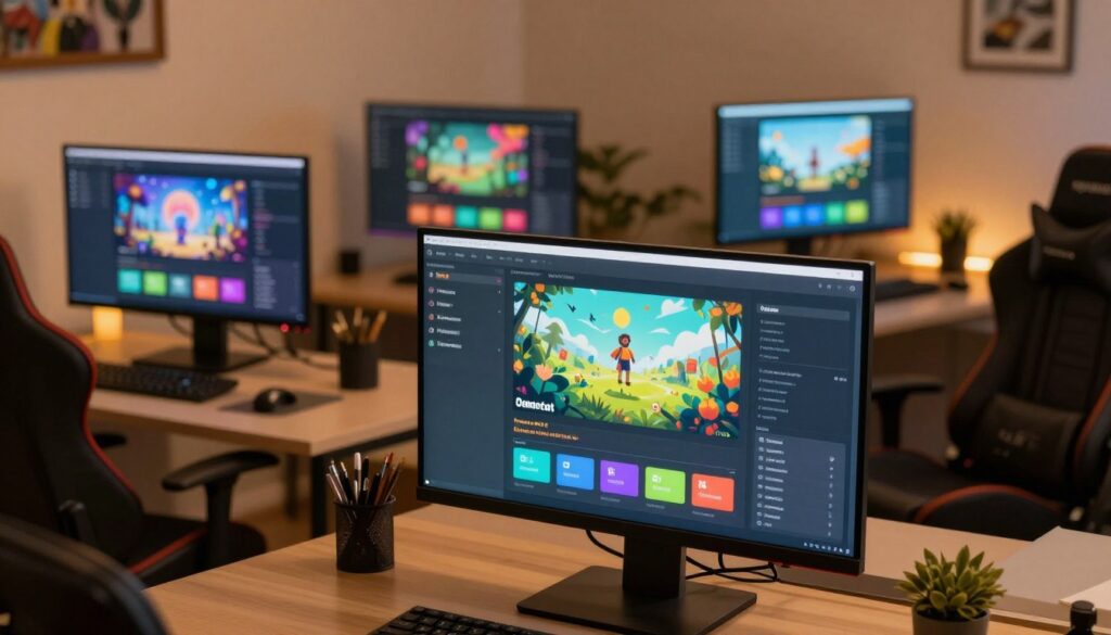 A cozy, well-lit workspace showcasing several computer screens featuring diverse and innovative game interfaces. In the foreground, a large monitor displays a vibrant, user-friendly menu from an indie game, emphasizing clear typography and intuitive navigation. The middle ground features two smaller screens, each showing different game interfaces that excel in accessibility, highlighting color contrast and easily adjustable settings. In the background, a plush gaming chair and minimalist desk add a professional touch to the atmosphere, illuminated by warm ambient lighting. The scene exudes a sense of inspiration and focus, ideal for promoting best practices in game menu design. Please ensure the image is free of any text or branding elements.