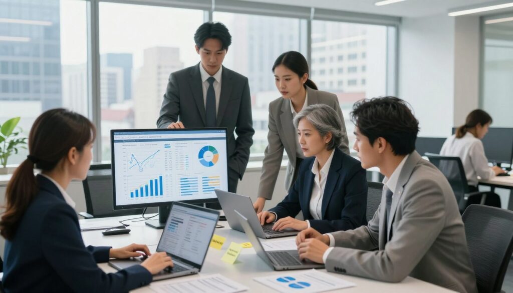 A detailed and intricate representation of an algorithmic bias audit in a modern office setting. In the foreground, a diverse group of three professionals in business attire, focused on analyzing data on digital screens, showcasing graphs and charts. In the middle ground, a sleek conference table filled with laptops and reports, with sticky notes highlighting ethical considerations. The background displays a large window overlooking a bustling city, with natural light streaming in, creating an optimistic atmosphere. The mood is serious yet collaborative, emphasizing the importance of ethics in AI personalization. The image should be bright and well-lit, captured with a slightly wide-angle lens to include depth and clarity.
