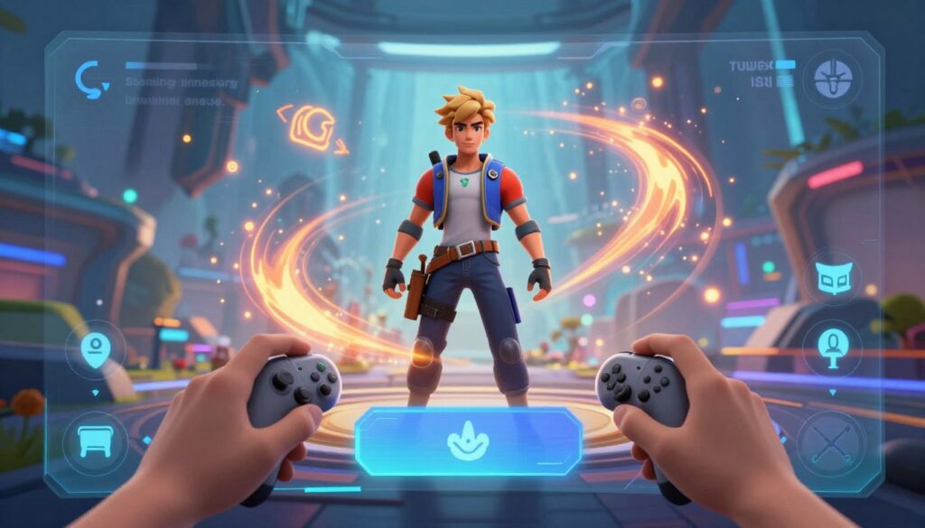 A dynamic gaming interface showcasing purposeful motion design. In the foreground, an interactive gaming HUD featuring sleek, animated icons and transitions that respond to user inputs, emphasizing clarity and smoothness. The middle ground displays a vibrant character standing confidently in a well-designed virtual environment, surrounded by dynamic elements that illustrate feedback, like glowing effects and flowing animations. In the background, a futuristic gaming landscape with immersive graphics and a subtle bokeh effect to create depth. The lighting is bright, highlighting the animations and creating a sense of energy and innovation. The atmosphere conveys excitement and professionalism, perfectly capturing the essence of modern gaming UI trends.