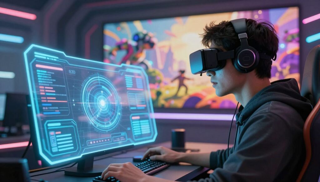 A futuristic AI copilot interface design for a gaming environment, positioned in the foreground with sleek, holographic elements displaying intuitive controls and data analytics. The mid-ground features a player immersed in a dynamic virtual world, wearing a headset, evoking concentration and excitement. In the background, a vibrant gaming landscape unfolds, showcasing abstract elements that hint at advanced technology and immersive gameplay. The lighting is soft but futuristic, with neon glows highlighting the interface and casting gentle reflections on the player's face. The angle is slightly elevated, providing a comprehensive view of the interaction between the user and the AI copilot, creating an atmosphere of collaboration and innovation in gaming. The overall mood is energetic and forward-thinking.