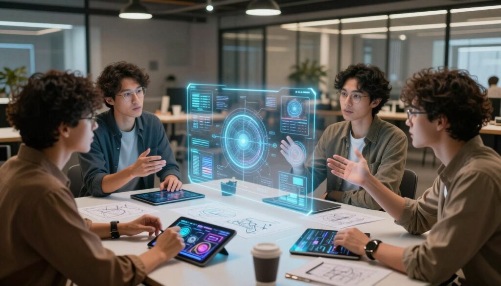 A futuristic design studio focused on HUD philosophy, with a diverse group of three professionals dressed in smart casual clothing, engaged in a thoughtful discussion around a holographic display of various HUD designs. The foreground features the experts, animatedly gesturing towards the floating interface. In the middle, a high-tech table strewn with sketches and digital tablets displaying colorful HUD concepts. In the background, the studio is softly lit with modern, industrial elements like glass and metal, lending an inspiring atmosphere. The mood is collaborative and innovative, with warm light casting gentle shadows, emphasizing creativity and focus. The angle is slightly elevated to capture the interaction and the glowing HUD elements prominently.