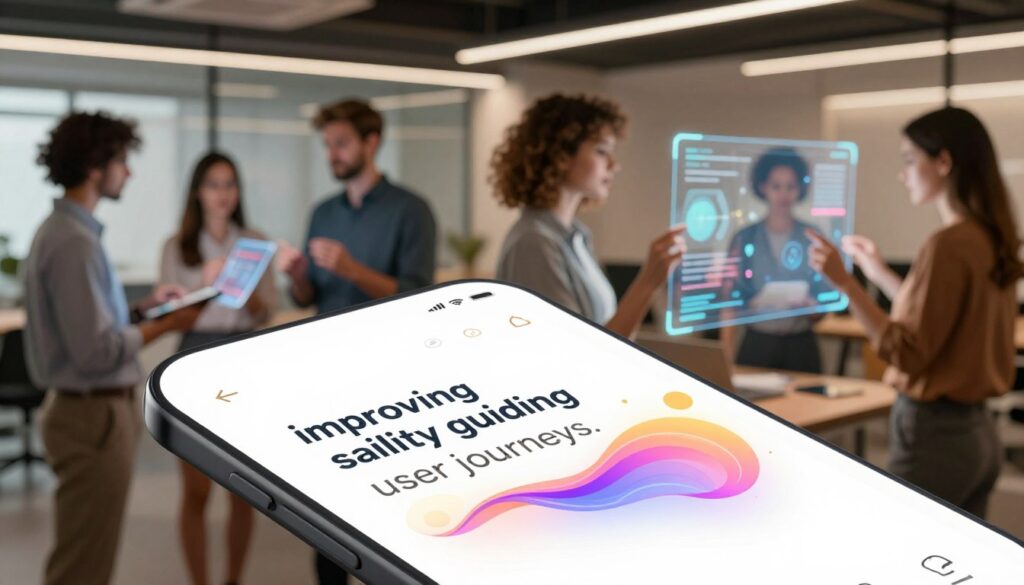 A futuristic digital interface illustrating "improving usability and guiding user journeys." In the foreground, a sleek, user-friendly app screen displays intuitive navigation elements and vibrant kinetic typography that flows smoothly. The middle layer features diverse professionals, dressed in smart casual attire, interacting with holographic interfaces, conveying engagement and usability. In the background, a modern office environment with soft, ambient lighting enhances the atmosphere, creating a sense of innovation and clarity. Use a shallow depth of field to focus on the app screen and user interaction, with warm, inviting colors that evoke a feeling of approachability and ease. The overall mood is energetic yet professional, emphasizing the importance of user-centered design in the app experience.