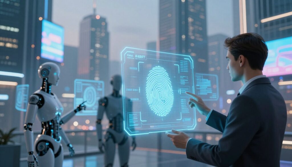 A futuristic digital landscape illustrating AI agent authentication protocols. In the foreground, sleek, holographic interfaces display various biometric authentication methods including facial recognition, fingerprint scans, and voice patterns, all illuminated with a soft blue glow. The middle ground features abstract representations of AI agents—a blend of humanoid silhouettes and robotic elements, interacting seamlessly with these interfaces. The background is a sleek, high-tech urban environment with glowing skyscrapers and shimmering digital billboards, conveying advanced technology. Soft, diffused lighting casts a professional ambience, evoking a sense of security and innovation. The overall mood is futuristic and optimistic, symbolizing the evolution of authentication in 2026, emphasizing efficiency and user-friendly experience. A futuristic digital landscape illustrating AI agent authentication protocols. In the foreground, sleek, holographic interfaces display various biometric authentication methods including facial recognition, fingerprint scans, and voice patterns, all illuminated with a soft blue glow. The middle ground features abstract representations of AI agents—a blend of humanoid silhouettes and robotic elements, interacting seamlessly with these interfaces. The background is a sleek, high-tech urban environment with glowing skyscrapers and shimmering digital billboards, conveying advanced technology. Soft, diffused lighting casts a professional ambience, evoking a sense of security and innovation. The overall mood is futuristic and optimistic, symbolizing the evolution of authentication in 2026, emphasizing efficiency and user-friendly experience.