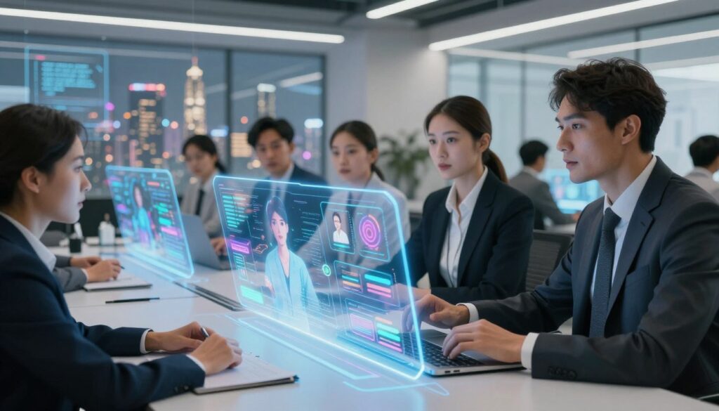 A futuristic hyper-personalization interface displayed prominently in the foreground, showcasing an interactive holographic screen with vibrant user-specific data visualizations and customizable widgets. The middle ground features a sleek, modern office environment with diverse professionals in business attire engaged in using the interface, their expressions focused and intrigued. The background includes transparent screens displaying a city skyline, bathed in soft, ambient lighting suggesting a high-tech, optimistic atmosphere. The scene is captured from a dynamic angle, emphasizing the depth of the interface and the user engagement. The overall mood is bright, innovative, and forward-thinking, conveying the essence of advanced AI personalization technology in action.