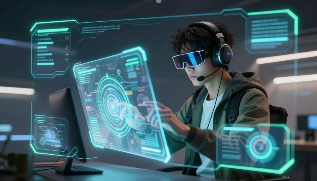 A futuristic, immersive HUD design concept featuring essential principles for player engagement. In the foreground, display sleek, transparent interface elements in soft neon colors like blue and green, seamlessly integrating into a virtual gaming environment. The middle ground showcases a character wearing a sophisticated gaming headset and smart glasses, focused on an interactive holographic display, dressed in a modern, casual outfit. The background features a high-tech space with dynamic lighting, casting soft glows and shadows that enhance depth. Utilize a wide-angle lens perspective to capture the intricate details of the HUD and the immersive atmosphere. The overall mood is cutting-edge and engaging, inviting viewers to explore the future of HUD design in gaming.