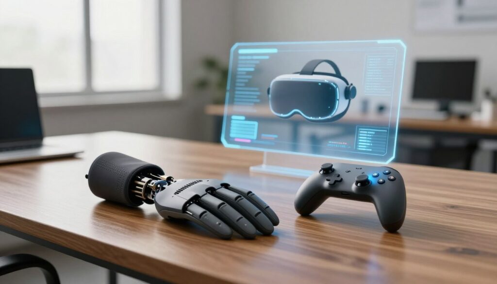 A futuristic workspace showcasing various haptic feedback tools designed for virtual reality applications. In the foreground, a sleek, ergonomic haptic glove lies on a polished wooden desk, with delicate sensors and tactile feedback mechanisms visible. Next to it, a compact handheld device resembling a stylized modern controller glows softly, highlighting its buttons and vibration functionality. In the middle ground, a semi-transparent holographic interface displays 3D models of user interfaces in VR. The background features a bright, airy room with large windows letting in natural light, casting gentle shadows. Soft ambient lighting adds a professional yet innovative atmosphere, suggesting an exploration of cutting-edge technology. The angle is slightly tilted to capture all elements, ensuring a dynamic perspective on the tools. A futuristic workspace showcasing various haptic feedback tools designed for virtual reality applications. In the foreground, a sleek, ergonomic haptic glove lies on a polished wooden desk, with delicate sensors and tactile feedback mechanisms visible. Next to it, a compact handheld device resembling a stylized modern controller glows softly, highlighting its buttons and vibration functionality. In the middle ground, a semi-transparent holographic interface displays 3D models of user interfaces in VR. The background features a bright, airy room with large windows letting in natural light, casting gentle shadows. Soft ambient lighting adds a professional yet innovative atmosphere, suggesting an exploration of cutting-edge technology. The angle is slightly tilted to capture all elements, ensuring a dynamic perspective on the tools.