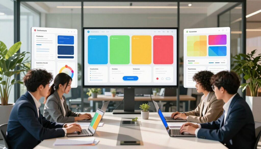 A modern workspace showcasing digital touchpoints in a harmonious design. In the foreground, diverse professionals in business attire collaborate around a sleek table, their laptops displaying a cohesive color palette. The middle ground features a large digital screen surrounded by design elements like color swatches and interface mockups, all unified in vibrant hues reflecting user interface psychology. In the background, a glass wall reveals a bright, airy environment filled with greenery, symbolizing freshness and consistency. Soft, natural lighting enhances the atmosphere, casting warm shadows. The image conveys a sense of collaboration, innovation, and consistency across digital platforms, inviting viewers to appreciate the careful consideration of color in designing user experiences. A modern workspace showcasing digital touchpoints in a harmonious design. In the foreground, diverse professionals in business attire collaborate around a sleek table, their laptops displaying a cohesive color palette. The middle ground features a large digital screen surrounded by design elements like color swatches and interface mockups, all unified in vibrant hues reflecting user interface psychology. In the background, a glass wall reveals a bright, airy environment filled with greenery, symbolizing freshness and consistency. Soft, natural lighting enhances the atmosphere, casting warm shadows. The image conveys a sense of collaboration, innovation, and consistency across digital platforms, inviting viewers to appreciate the careful consideration of color in designing user experiences.