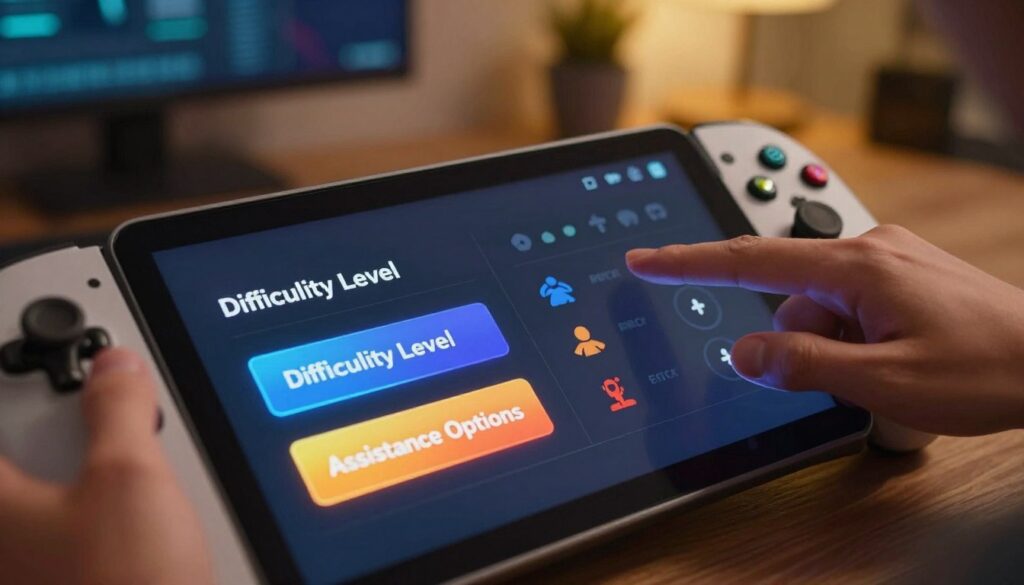 A sleek, modern game interface showcasing adjustable difficulty and assistance modes. In the foreground, display an engaging, user-friendly menu design with vibrant, clearly defined buttons labeled "Difficulty Level" and "Assistance Options." The middle ground features a hand, gently hovering over a touchscreen or game controller, illustrating interaction with the menu. In the background, a softly blurred gaming environment sets an inviting atmosphere, with warm lighting to create a cozy feel. The image should emphasize accessibility, with icons representing various player abilities. Use a slightly elevated camera angle for a dynamic view, evoking a sense of innovation and inclusivity in game design.