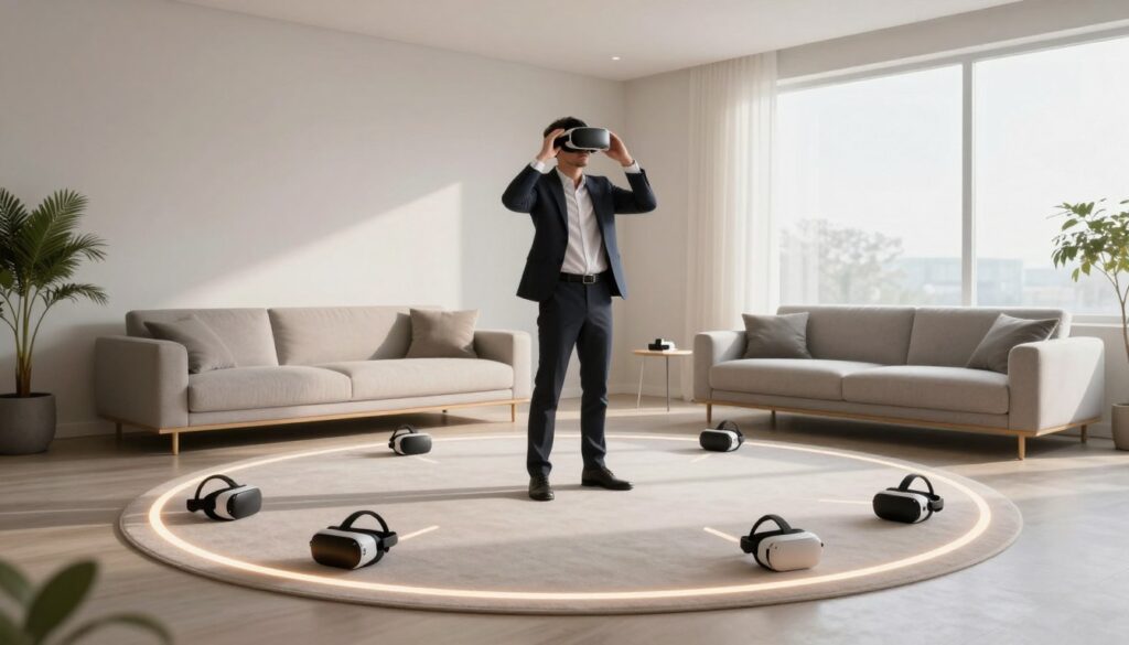 A spacious, modern living room designed for virtual reality, featuring a room-scale safety system. In the foreground, a sleek, clutter-free area marked with soft, glowing lines indicating safe zones, surrounded by various virtual reality accessories like headsets and controllers. In the middle ground, a professional individual in stylish business attire is adjusting a VR headset, demonstrating the immersive experience while maintaining awareness of their physical surroundings. The background includes a bright window allowing natural light to stream in, casting soft shadows that highlight the room’s minimalist decor and safe setup. The atmosphere feels engaging yet tranquil, with a focus on innovation and user experience in VR safety design. Utilize soft, diffused lighting to enhance a sense of security and modernity. A spacious, modern living room designed for virtual reality, featuring a room-scale safety system. In the foreground, a sleek, clutter-free area marked with soft, glowing lines indicating safe zones, surrounded by various virtual reality accessories like headsets and controllers. In the middle ground, a professional individual in stylish business attire is adjusting a VR headset, demonstrating the immersive experience while maintaining awareness of their physical surroundings. The background includes a bright window allowing natural light to stream in, casting soft shadows that highlight the room’s minimalist decor and safe setup. The atmosphere feels engaging yet tranquil, with a focus on innovation and user experience in VR safety design. Utilize soft, diffused lighting to enhance a sense of security and modernity.