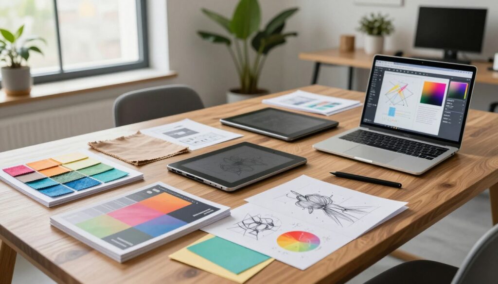 A vibrant and modern workspace featuring an array of design tools and resources laid out neatly on a sleek wooden table. In the foreground, there are a variety of high-quality design software manuals, colorful sketches, and an open laptop displaying a dynamic user interface design. The middle ground showcases tactile materials like fabric swatches, textured papers, and digital tablets with styluses, emphasizing the tactile maximalism theme. In the background, a large window lets in soft, natural light, illuminating a contemporary office space with plants and minimalist decor. The mood is creative and energizing, inviting the viewer to explore the resources that bring innovative design visions to life. The perspective is slightly angled, capturing depth and layers effectively. A vibrant and modern workspace featuring an array of design tools and resources laid out neatly on a sleek wooden table. In the foreground, there are a variety of high-quality design software manuals, colorful sketches, and an open laptop displaying a dynamic user interface design. The middle ground showcases tactile materials like fabric swatches, textured papers, and digital tablets with styluses, emphasizing the tactile maximalism theme. In the background, a large window lets in soft, natural light, illuminating a contemporary office space with plants and minimalist decor. The mood is creative and energizing, inviting the viewer to explore the resources that bring innovative design visions to life. The perspective is slightly angled, capturing depth and layers effectively.