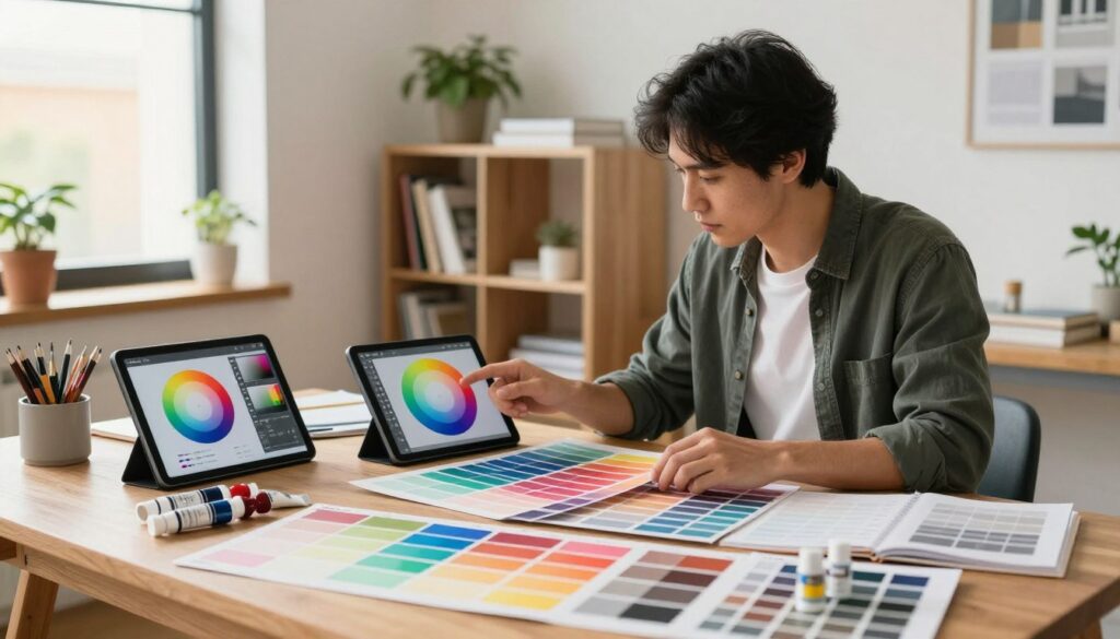 A vibrant workspace scene illustrating the concept of building a perfect color palette step-by-step. In the foreground, a wooden table cluttered with swatches of various colors, paint tubes, and a digital tablet displaying a color wheel is featured. In the middle ground, a professional designer, dressed in smart casual attire, is thoughtfully arranging color swatches and comparing them on the tablet, concentrating on the aesthetic balance of hues. The background shows a well-organized shelf filled with design books and decorative plants, and a large window allowing warm, natural light to flood the space, creating an inviting atmosphere. The focus is on balance, creativity, and the beauty of color selection, with an emphasis on the psychology of color usage in design, all framed with a soft depth of field for an artistic touch. A vibrant workspace scene illustrating the concept of building a perfect color palette step-by-step. In the foreground, a wooden table cluttered with swatches of various colors, paint tubes, and a digital tablet displaying a color wheel is featured. In the middle ground, a professional designer, dressed in smart casual attire, is thoughtfully arranging color swatches and comparing them on the tablet, concentrating on the aesthetic balance of hues. The background shows a well-organized shelf filled with design books and decorative plants, and a large window allowing warm, natural light to flood the space, creating an inviting atmosphere. The focus is on balance, creativity, and the beauty of color selection, with an emphasis on the psychology of color usage in design, all framed with a soft depth of field for an artistic touch.