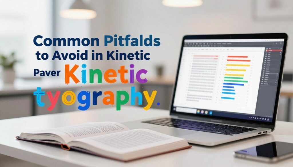 A visually striking illustration highlighting "Common Pitfalls to Avoid in Kinetic Typography." In the foreground, a series of dynamic, animated text elements in vibrant colors represent common mistakes: cluttered text, poor alignment, ineffective pacing, and excessive animations. Each pitfall is depicted through creative typography styles that are minimally animated. In the middle ground, a polished desk with open design books and a laptop displaying a kinetic typography project serves as a workspace. In the background, a blurred office setting with soft focus lights to create a professional atmosphere. The lighting is bright and even, capturing a sense of clarity and focus. The overall mood is analytical and reflective, aimed at educating viewers on effective design principles without text overlays or distractions.